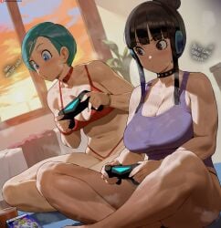 2girls big_breasts black_hair blue_eyes bulma_briefs chichi choker cleavage dragon_ball shexyo thick_thighs