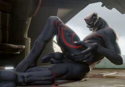 1boy alien ass ass balls claws darkflash23 erection gay halo_(series) hi_res humanoid laying_on_side looking_at_viewer male male_only muscular muscular_male nude penis presenting presenting_ass presenting_butt sangheili solo solo_focus