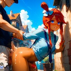 ai_generated blue_eyes city crop_top exhibitionism female futanari hair_ornament looking_at_viewer male_on_futa minokai pokemon precum red_hair self_upload skyla_(pokemon) standing_doggy_style