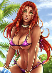 1girls alien_girl big_breasts bikini bracelets breasts busty busty_teen collar dc dc_comics female green_eyes jewelry kachima koriand'r long_hair nipple_bulge nipples nipples_visible_through_clothing orange_hair purple_bikini redhead shrub solo starfire superheroine tamaranean teen_titans trees