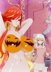 2girls 3d big_breasts blonde_hair bodypaint confused confusion genshin_impact long_hair lumine_(genshin_impact) mavuika_(genshin_impact) pumpkin_boobs red_eyes red_hair yazanios