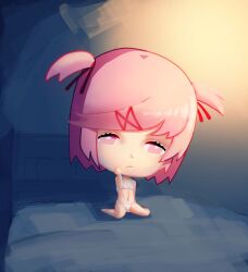 1female 1girls chibi doki_doki_literature_club lolisakuya natsuki_(doki_doki_literature_club) navel pink_eyes pink_hair underwear underwear_only