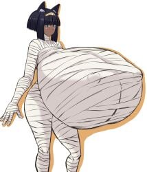 1female 1girls animal_ear_fluff animal_ears aokuro black_hair blue_eyes body_covered character_request dark-skinned_female dark_hair ear_tuft female female_only gigantic_breasts lighter_lips lipstick mummy mummy_costume mummy_wrappings nipples_covered short_hair solo solo_female tagme_(character) twitter_link