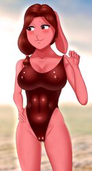 2019 absurd_res anthro big_breasts blush breasts buffbumblebee cameltoe clothed clothing digital_media_(artwork) embarrassed eyebrows eyelashes female front_view frown fur hair half-closed_eyes hi_res lagomorph leporid looking_away mammal navel nipple_bulge one-piece_swimsuit outdoors pink_fur pokies rabbit red_eyes red_hair seaside skimpy sky solo standing swimwear thick_thighs tight_clothing water