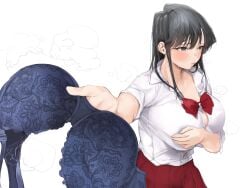 1girls big_breasts black_hair blush bra bra_removed braless covering_breasts holding_bra holding_underwear huge_bra huge_breasts komi-san_wa_komyushou_desu komi_shouko light-skinned_female long_hair mamimi_(mamamimi) no_bra school_uniform shy