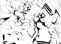 armpits arms_up asuna_(sao) black_thighhighs breasts breasts_out cum cum_in_pussy detached_sleeves female female_ejaculation female_pubic_hair greyscale knights_of_blood_uniform_(sao) large_breasts long_hair looking_down monochrome nipples onda_fuoku pubic_hair sex solo spread_legs sword_art_online thick_thighs thighhighs thighs torn_clothes wide-eyed