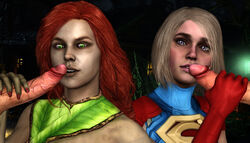 3d batman_(series) blonde_hair blue_eyes dc dc_comics eltanotator injustice_2 kara_danvers kara_zor-el oral pamela_isley poison_ivy poison_ivy_(injustice) supergirl supergirl_(injustice) superman_(series)