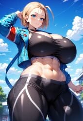 abs ai_generated big_breasts blonde_hair blue_eyes breasts cammy_white cleavage gigantic_breasts huge_breasts large_breasts light-skinned_female light_skin massive_breasts midriff minmin short_hair street_fighter tight_ tight_clothing