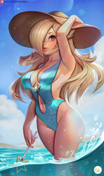 1girls :o armpits ass bare_shoulders beach bikini bikini_skirt blonde_hair blue_bikini blue_eyes blue_sky blue_swimsuit breasts cleavage cloud crown didi_esmeralda female female_only gluteal_fold hair_over_one_eye hat large_breasts long_hair looking_at_viewer mario_(series) mini_crown navel navel_cutout nintendo ocean one-piece_swimsuit outdoors parted_lips partially_submerged princess_rosalina side-tie_bikini sky solo standing star star_print stomach sun_hat swimsuit wand water