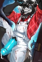 absurd_res ailurid anthro axe background_character blood blood_on_clothing bodily_fluids breaking bulge clothing cum erection fur genital_fluids genitals halloween hi_res holidays male mammal md_white muscular muscular_male penis red_panda smile solo