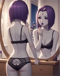 1girls ai_generated applying_lipstick ass bedroom bra breasts cleavage collarbone colored_skin facing_away female forehead_jewel gluteal_fold grey_skin lingerie lipstick looking_at_self makeup mirror navel night notreallyhere panties purple_eyes purple_hair purple_lipstick raven_(dc) reflection short_hair solo standing teen_titans underwear