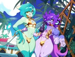 2024 2boys artist_name artist_signature bao_bao_(kittbetelgeuse) bell_collar bikini blue_eyes blue_hair bulge cat_ears catboy demon demon_boy femboy girly jiangshi kittbetelgeuse long_hair male male_only muscular_femboy original poolside purple_hair purple_skin red_sclera short_hair twink velo_(kittbetelgeuse) very_long_hair white_eyes