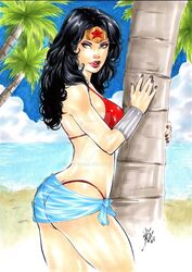 1girls 2018 ass beach big_breasts black_hair blue_eyes blue_sky bra bracers breasts clouds dated dc dc_comics diana_prince distracting_watermark ed_benes_studio female goddess human island justice_league lanio_sena nail_polish ocean palm_tree palm_trees red_bikini red_lips red_lipstick red_nail_polish red_nails red_panties solo superheroine themyscira themysciran tiara watermark wonder_woman wonder_woman_(series)