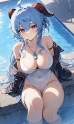 blue_hair cleavage ganyu_(genshin_impact) genshin_impact pool poolside purple_eyes thighs