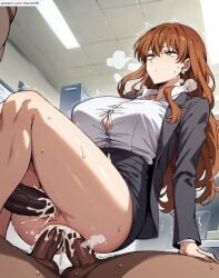 1girls ai_generated anal big_breasts brown_eyes brown_hair dark-skinned_male double_anal double_penetration female fuyutsuki_mio fuyutsuki_san gangbang group_sex heavenrb huge_breasts long_hair male mature_female multiple_boys penis sex squirting suit triple_penetration