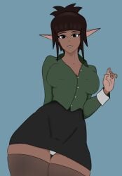 dark-skinned_female dark_elf dark_skin elf elf_ears elf_female oc office office_clothing panties thighhighs thighs tight_clothing upskirt