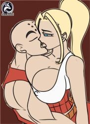 1boy 1girls artdefox bald beatrix_amerhauser blonde_female blonde_hair breast_squeeze breasts_bigger_than_head crossover dragon_ball dragon_ball_z kissing kissing krillin kuririn muscular_male nipples_visible_through_clothing sloppy_kiss tank_top tied_hair zom_100_zombie_ni_naru_made_ni_shitai_100_no_koto