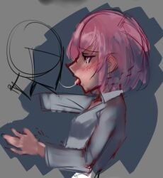 1female 1girls after_kiss doki_doki_literature_club female_focus lolisakuya natsuki_(doki_doki_literature_club) pink_eyes pink_hair saliva saliva_bridge saliva_string