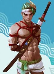 1boy abs artistic_nude artistic_nudity bara bara_tits barazoku bondage boxers boxers_(clothing) buff digital_painting_(artwork) genji green_hair happi_genji happy_trail light-skinned_male looking_at_viewer male_focus male_only muscular muscular_male no_visible_genitalia nonsexual overwatch overwatch_2 overwatch_league pants pierced_nipples piercing piercings pinup pubic_trail rope rope_between_breasts rope_bondage rope_harness shibari_bondage six_pack solo_male tasteful tasteful_nudity toned toned_body toned_male treasure_trail voidbringerr white_skin