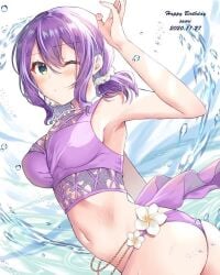 armpits ass breasts d4dj flower happy_birthday hidaka_saori swimsuit text water yam_(yamap_mako)