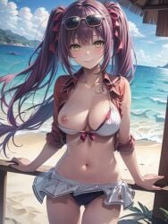 1girl ai_generated amasawa_ichika beach_background belly belly_button bikini classroom_of_the_elite hair_ribbon long_hair looking_at_viewer ocean_background one_nipple_out peko_illust pigtails pink_hair posing_for_picture smiling sunglasses_on_head white_bikini yellow_eyes