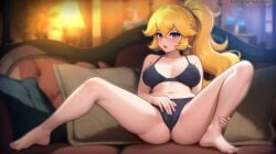 1girls black_bra black_panties blonde_hair blue_eyes bra breasts couch earrings large_breasts looking_at_viewer mario_(series) masturbation masturbation_through_clothing midriff navel nintendo panties pillows ponytail princess_peach sitting_on_couch twistedscarlett60