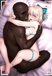 1boy 1boy1girl 1girl ai_generated arm_around_neck bed bikini blue_bow boy_on_top cheating cheating_girlfriend dark-skinned_male faceless_male fat_man fate_(series) female hairy_male heart hug interracial leg_lock looking_at_viewer lying medium_breasts netorare okita_souji_(fate) okita_souji_(fate)_(all) on_back on_bed peace_sign pillow recording sex straight waroffree white_bikini