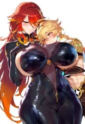 1boy 1girls abs aether_(genshin_impact) ai_generated bangs biker_clothes black_gloves blonde_hair blush bodysuit breasts cleavage covered_nipples depressu elbow_gloves genshin_impact gloves grabbing_another's_breast hug_from_behind huge_breasts long_hair looking_at_viewer mavuika_(genshin_impact) multicolored_hair multiple_girls red_hair shiny shiny_clothes thick_thighs thighs wide_hips