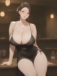 1girls ai_generated black_dress breasts brown_hair cleavage dress female female_only hi_res huge_breasts mature mature_female mature_woman milf original solo solo_female thick_thighs wide_hips zzipper