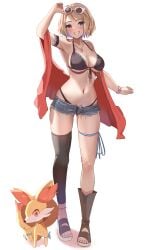 1girls belly_button bikini blonde_hair denim_shorts eyewear_on_head female female_only fennekin midriff momdy_(talesshinja) navel necklace pokemon pokemon_xy serena_(pokemon) short_hair short_shorts shorts skimpy skimpy_clothes smile solo sunglasses thighhighs