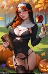 1girls apple aroma_sensei autumn big_ass big_breasts bottomless bra breasts caramel_apple female female_only freckles halloween halloween_costume jack-o'-lantern leah_(stardew_valley) nail_polish nun nun_outfit open_clothes panties pumpkin purple_eyes red_hair red_nails socks stardew_valley tagme thick_thighs thighhighs