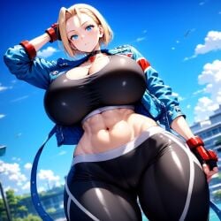 abs ai_generated big_breasts blonde_hair blue_eyes breasts cammy_white cleavage collarbone gigantic_breasts huge_breasts large_breasts light-skinned_female light_skin massive_breasts midriff minmin short_hair street_fighter tight_ tight_clothing