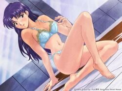 bangs bare_shoulders bikini blush breasts brown_eyes exposed_breasts female female_only lingerie long_hair looking_at_viewer misato_katsuragi necklace neon_genesis_evangelion nipples no_bra parted_bangs pendant purple_hair smile smiling smiling_at_viewer solo standing