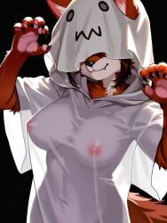 2024 ai_generated anthro black_background brown_hair claw_pose clothing costume fangs female fox fur hair halloween hi_res large_breasts nipple_outline nipples red_body red_fur simple_background smile solo translucent translucent_clothing wheel_of_fortune_(director)