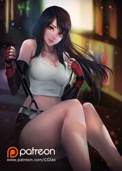 1girls ass big_breasts black_hair breasts calves cglas clothed female female_only final_fantasy final_fantasy_vii fingerless_gloves midriff navel patreon red_eyes short_shorts solo suspenders text thick_thighs thighs tifa_lockhart url watermark white_clothes white_shirt white_top wide_hips