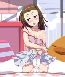 ass_visible_through_thighs bare_arms bare_shoulders belly_button blush body_blush bon_(moegomi) breasts brown_eyes brown_hair camisole cleavage collarbone frilled_skirt hairband indoors medium_hair monogatari_(series) navel_cutout no_bra on_floor open_mouth panties pussy_visible_through_panties sengoku_nadeko sitting skirt skirt_lift small_breasts spread_legs strap_pull strap_slip sweat sweaty_body thighhighs thighs white_thighhighs zettai_ryouiki