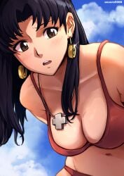 bangs bare_shoulders blush breasts brown_eyes exposed_breasts female female_only long_hair looking_at_viewer misato_katsuragi necklace neon_genesis_evangelion nipples no_bra parted_bangs pendant purple_hair smile solo standing