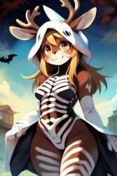 ai_generated anthro antler bat bodypaint breasts deer deer_girl deltarune diplive7 dress facing_viewer foggy foggy_background furry halloween halloween_costume long_hair noelle_holiday paint painted_body painted_clothes painted_face skeleton skeleton_costume skeleton_markings skull tagme thick_thighs