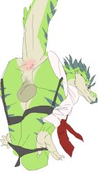 9:16 anthro anus ass balls claws clothing dinosaur genitals green_body hi_res lingerie looking_back male necktie prehistoric_species presenting presenting_hindquarters raised_tail really_vile reptile scalie simple_background smile solo stripes tail topwear white_background