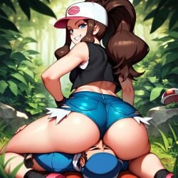 ai_generated ass ass_focus ass_smothering ass_worship brown_hair denim_shorts dominant_female facesitting femdom game_freak hilda_(pokemon) looking_at_viewer looking_back nintendo pokemon pokemon_bw ponytail smiling smiling_at_viewer submissive_male