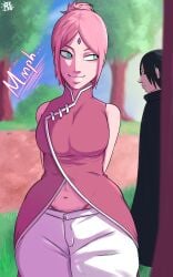 1boy 1girls big_breasts boruto:_naruto_next_generations clothing couple green_eyes hands_behind_back looking_back naruto naruto_shippuden outdoors pink_hair reinsmash sakura_haruno sasuke_uchiha teasing thick_thighs thong voluptuous voluptuous_female