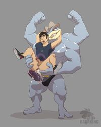 2boys 4_arms absurd_res after_anal after_sex anthro anthro_on_human anthro_on_male anus baraking blue_penis blue_skin clothes cum cum_in_ass cum_inside duo flexing gaping gaping_anus gay hi_res huge_penis human human_on_anthro humanoid_penis humansub interspecies larger_male machamp male male_on_anthro male_only male_pokemon/male_human mammal multi_arm multi_limb muscular muscular_male nintendo penis penis_size_difference pokémon_(species) pokemon pokemon_(species) pokemon_rgby pokephilia reverse_suspended_congress size_difference smaller_male spread_legs testicles video_games watermark yaoi