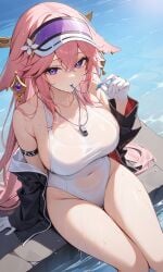 ai_generated cleavage genshin_impact pool poolside swimsuit thighs yae_miko