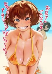 2girls beach big_breasts brown_hair mob_face multiple_girls narisokonai_(mmmikedaya) smile swimsuit