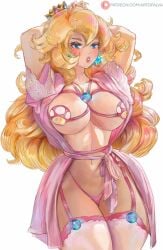 1girls artofalva blonde_hair blue_eyes bra breasts crown earrings eyeshadow garter_belt garter_straps large_breasts lingerie lipstick long_hair looking_at_viewer makeup mario_(series) midriff navel nintendo open_robe panties pink_bra pink_lingerie pink_panties pink_robe princess_peach robe thighhighs