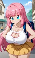 1girls :3 ai_generated akira_toriyama_(style) backpack blunt_bangs cat_cutout cleavage cleavage_cutout huge_breasts kaina_(kosine1777) kosine1777 kosineverse long_hair oppai_loli original original_character pink_hair skirt tank_top yellow_skirt young younger_female