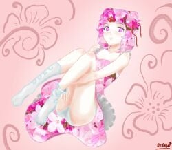 artist_name blush butt doki_doki_literature_club flower flowers natsuki_(doki_doki_literature_club) octa0 panties pink_eyes pink_hair socks white_panties