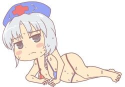 1girls ass barefoot bikini blue_bikini blue_hat blush_stickers breasts chibi chibi_style cleavage closed_mouth dot_nose feet grey_eyes gyate_gyate looking_at_viewer meme multicolored_bikini navel nurse_cap red_bikini red_cross solo sweat sweating touhou white_hair yagokoro_eirin