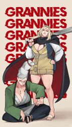 2girls ayase_seiko big_breasts brothbowl crossover dandadan english_text female gilf huge_breasts naruto older_female outfit_swap text tsunade