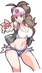 1girls breasts brown_eyes brown_hair cleavage denim_shorts enpe female female_only hilda_(pokemon) large_breasts looking_at_viewer nintendo pokemon short_shorts shorts simple_background solo white_background